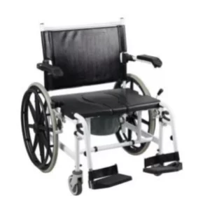 Silla de ducha/WC con estructura de aluminio, asiento acolchado con abertura, soporta 200 kg y reposapiés abatibles.